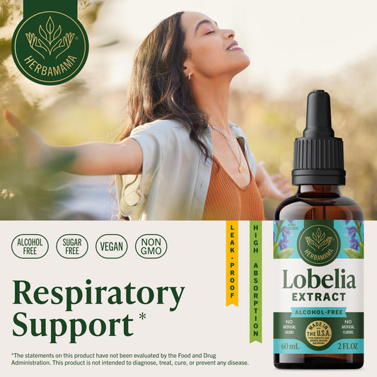 HERBAMAMA Lobelia tincture dropper for alcohol-free respiratory support.