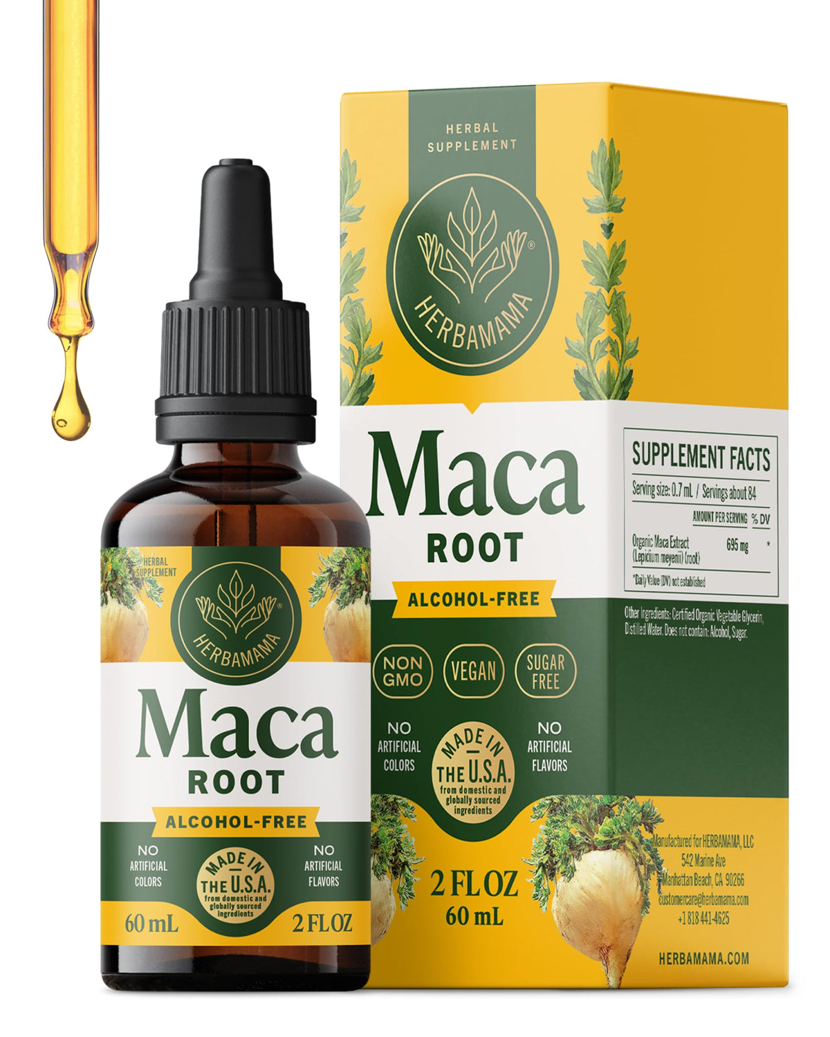 HERBAMAMA Maca bottle with dropper for convenient daily vitality.