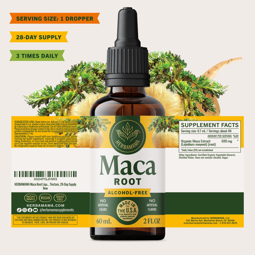 HERBAMAMA Maca drops on a spoon show fast absorption.