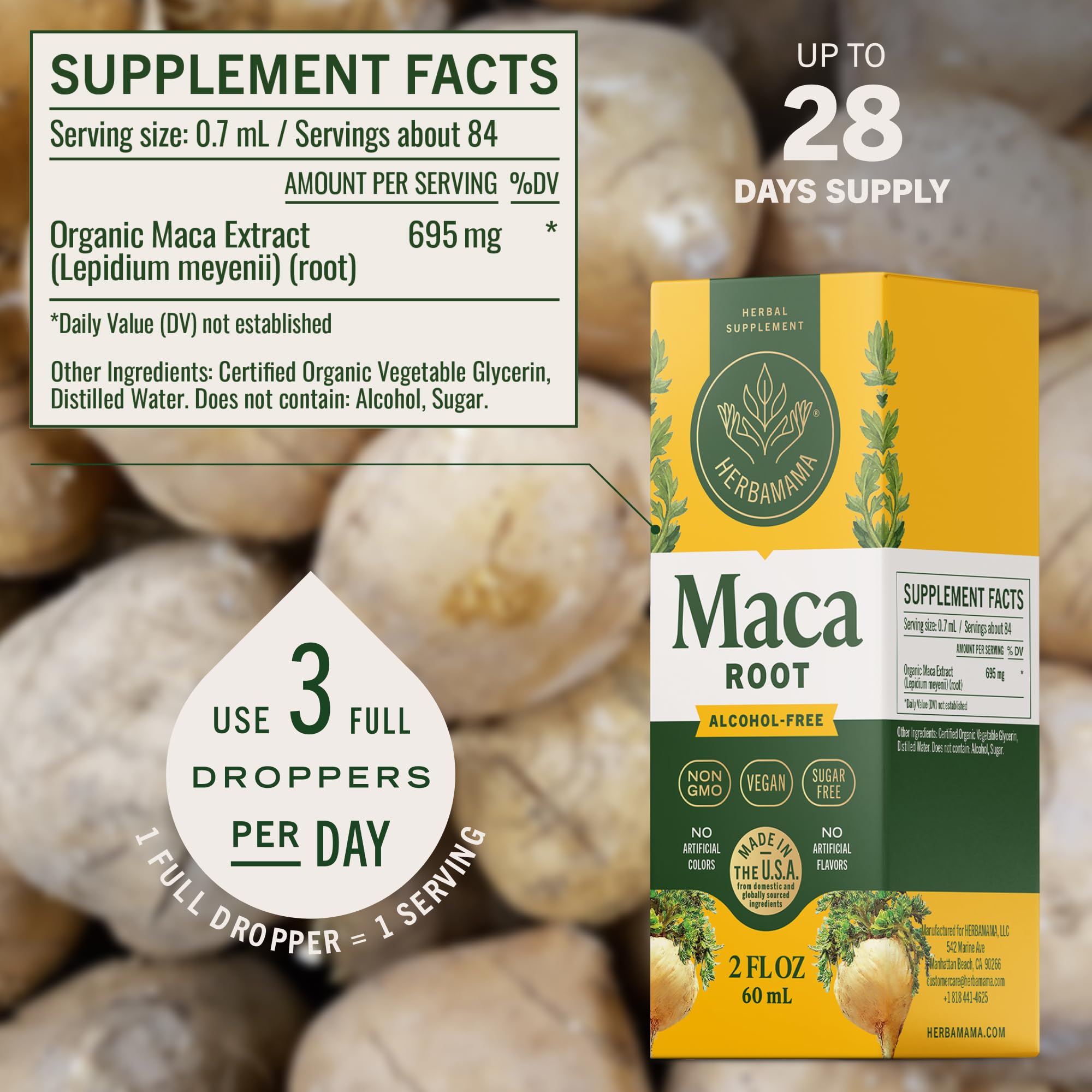 HERBAMAMA Maca label close-up highlighting simple three-ingredient formula.