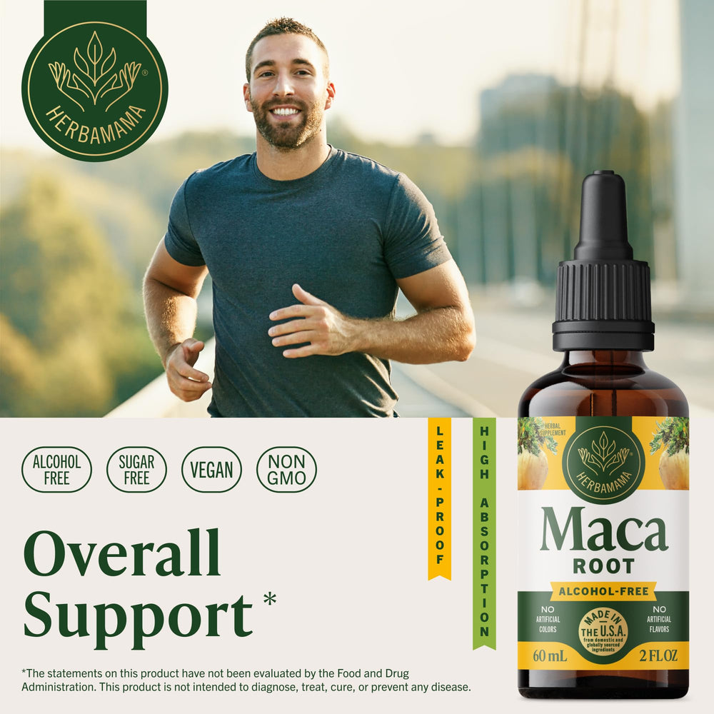HERBAMAMA Maca liquid drops pouring into water for easy daily use.