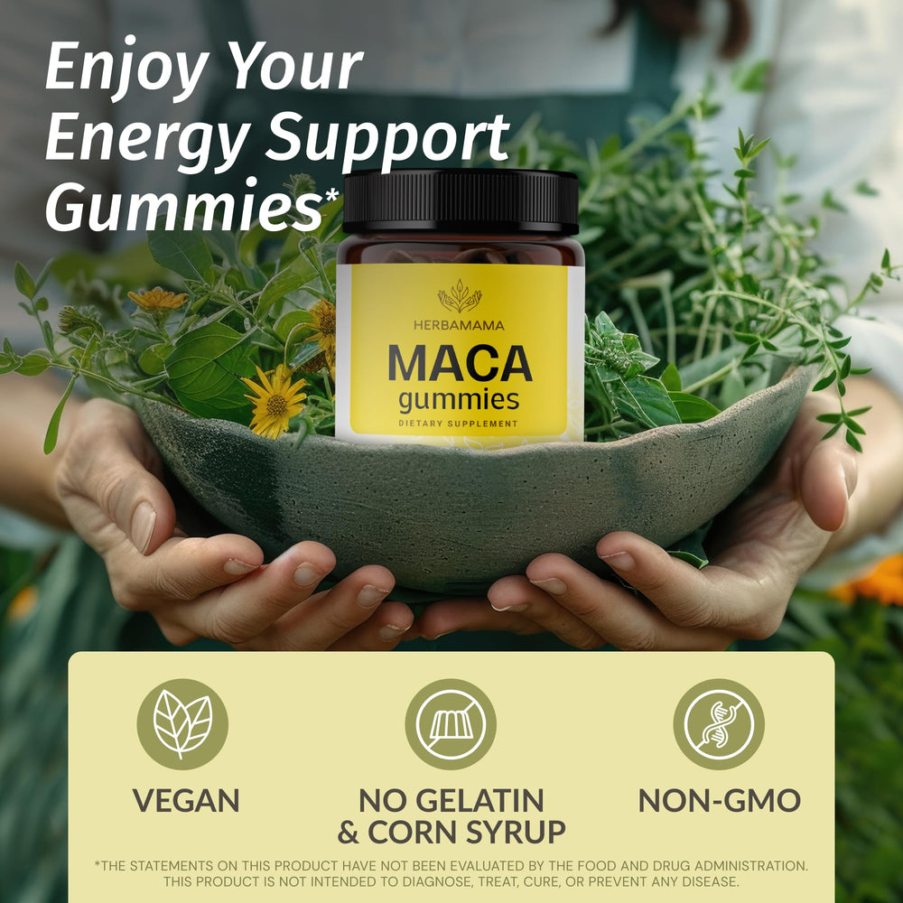 HERBAMAMA Maca Root Gummies banana flavor closeup emphasizes fruity taste.