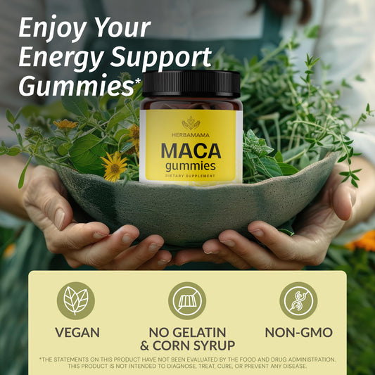 HERBAMAMA Maca Root Gummies banana flavor closeup emphasizes fruity taste.