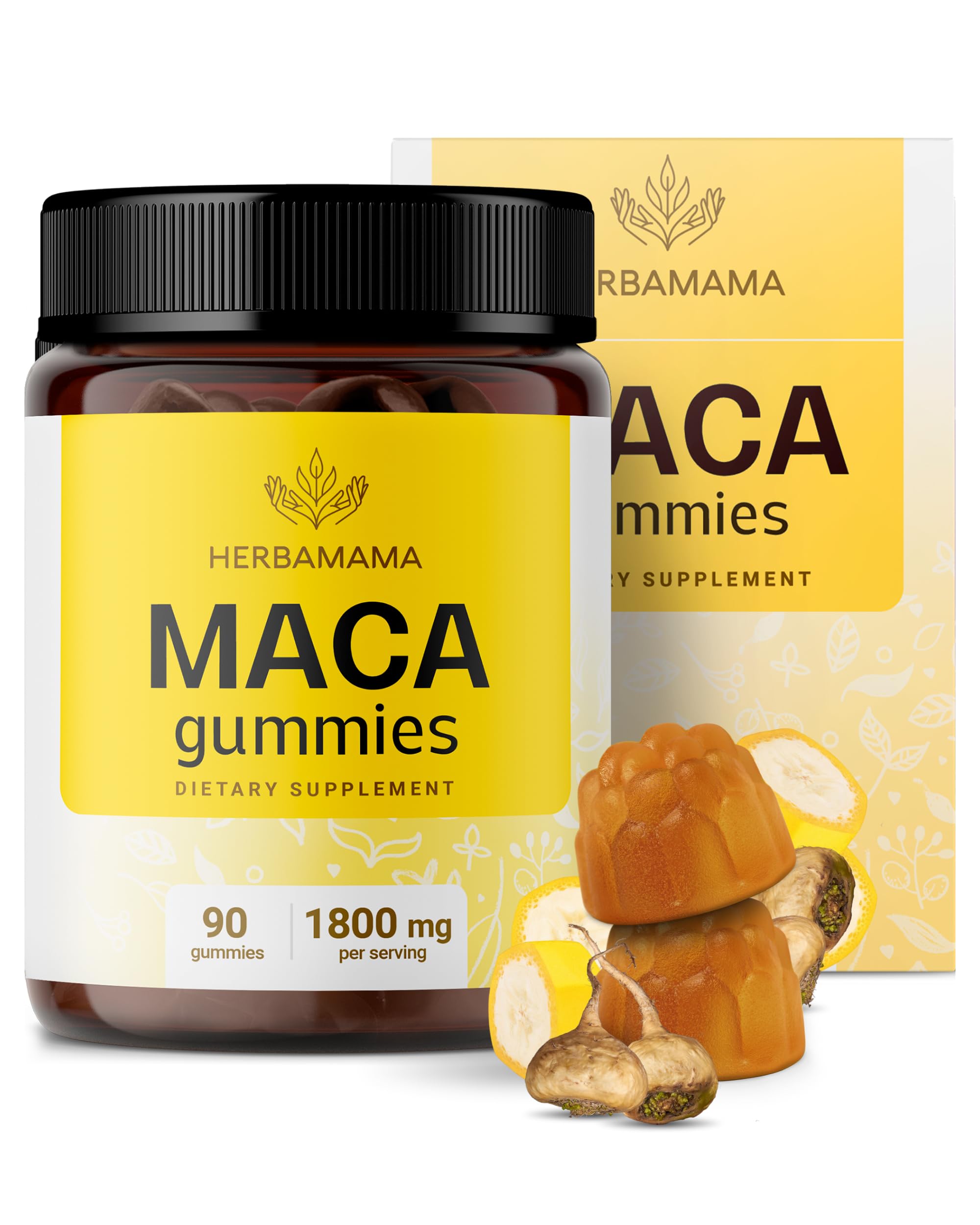 HERBAMAMA Maca Root Gummies jar front indicating convenient energy support.