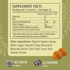 Packaging back of HERBAMAMA Maca Root Gummies shows vegan, non-GMO formula.