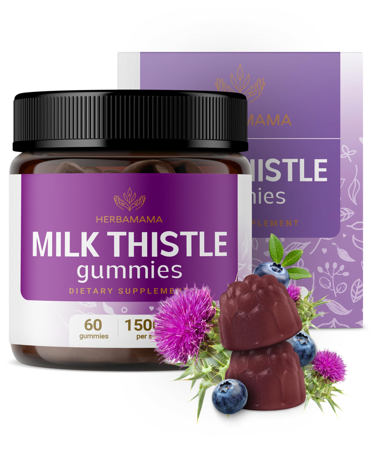 HERBAMAMA Milk Thistle bottle front showing blueberry gummies for vegan liver support