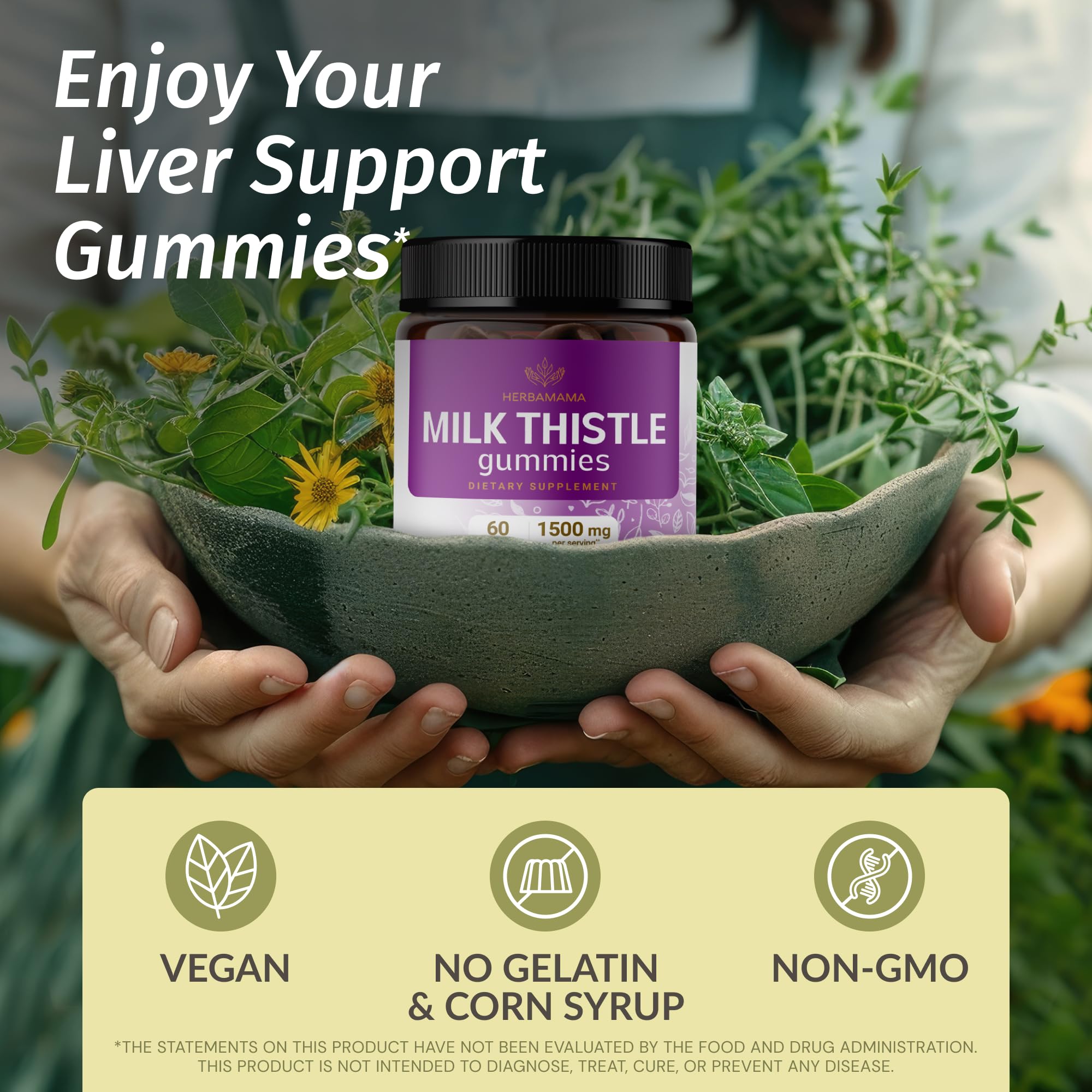 HERBAMAMA Milk Thistle gummies closeup highlighting soft texture and blueberry flavor