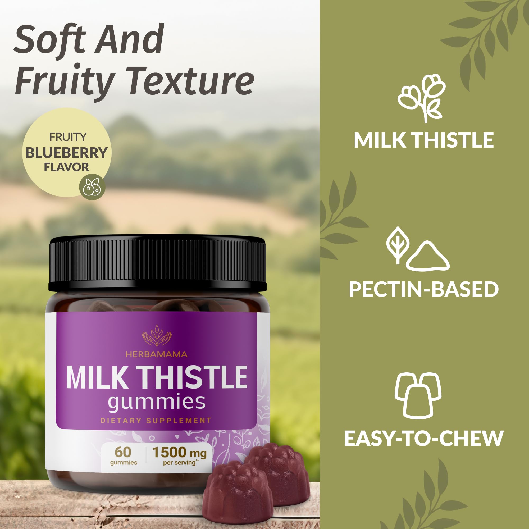 HERBAMAMA Milk Thistle gummies packaging detail with label and clean ingredients