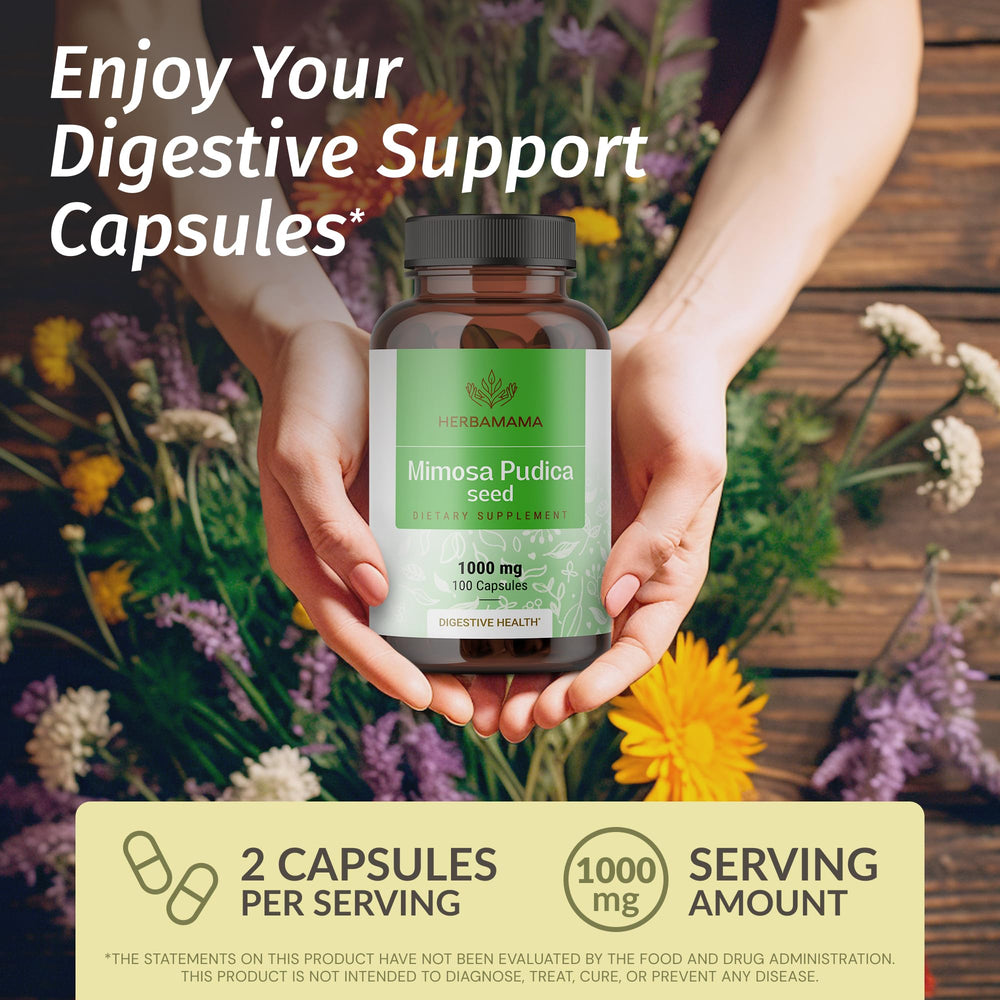 HERBAMAMA Mimosa Pudica Capsule packaging on shelf signaling vegan, non-GMO formula.