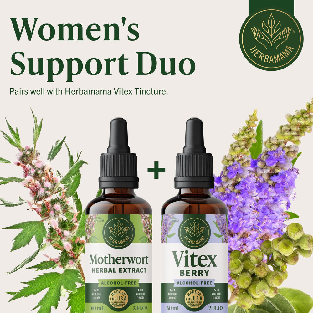 HERBAMAMA bottle on nightstand suggesting discreet wellness support.