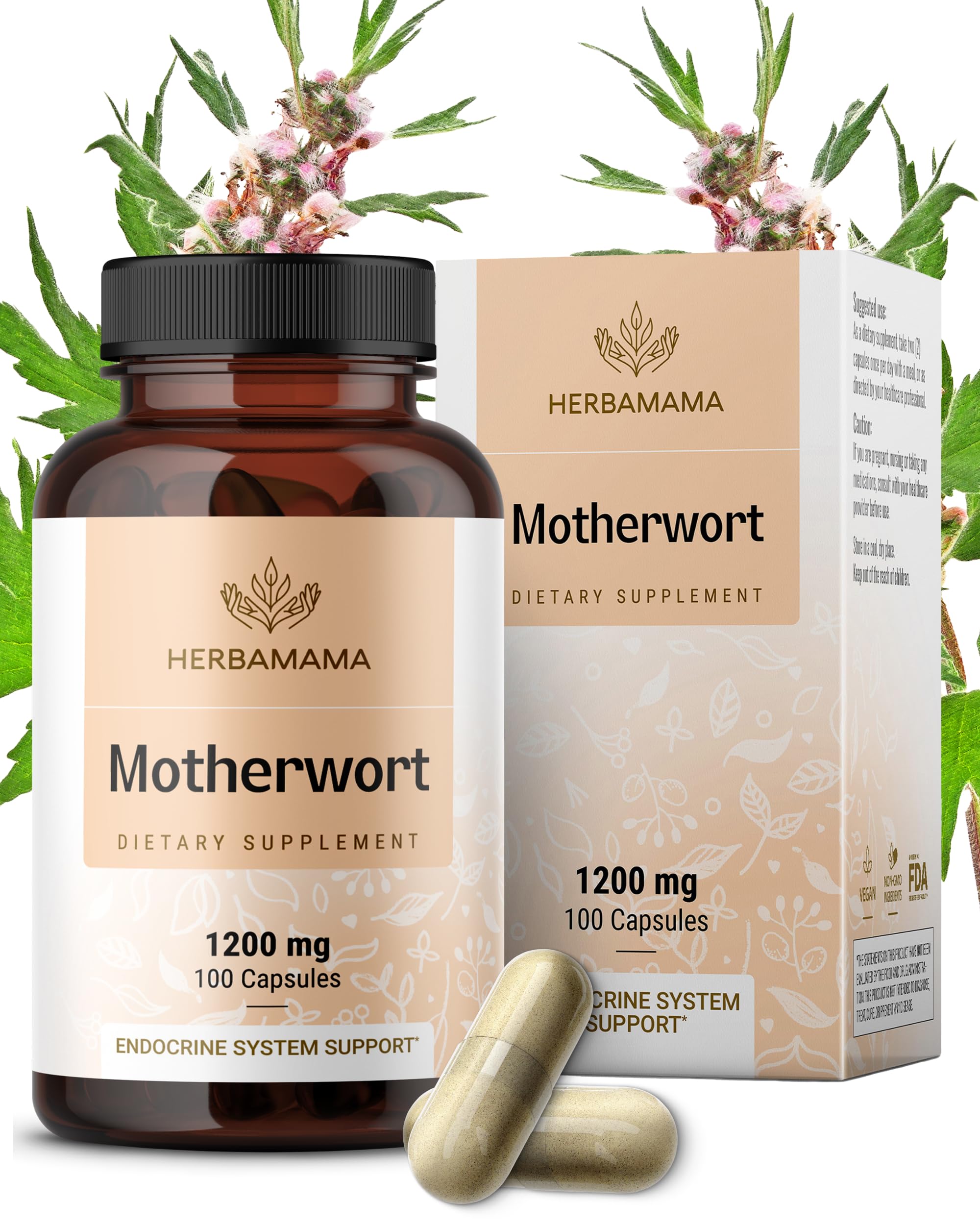HERBAMAMA Motherwort capsules bottle front for daily menopause support.