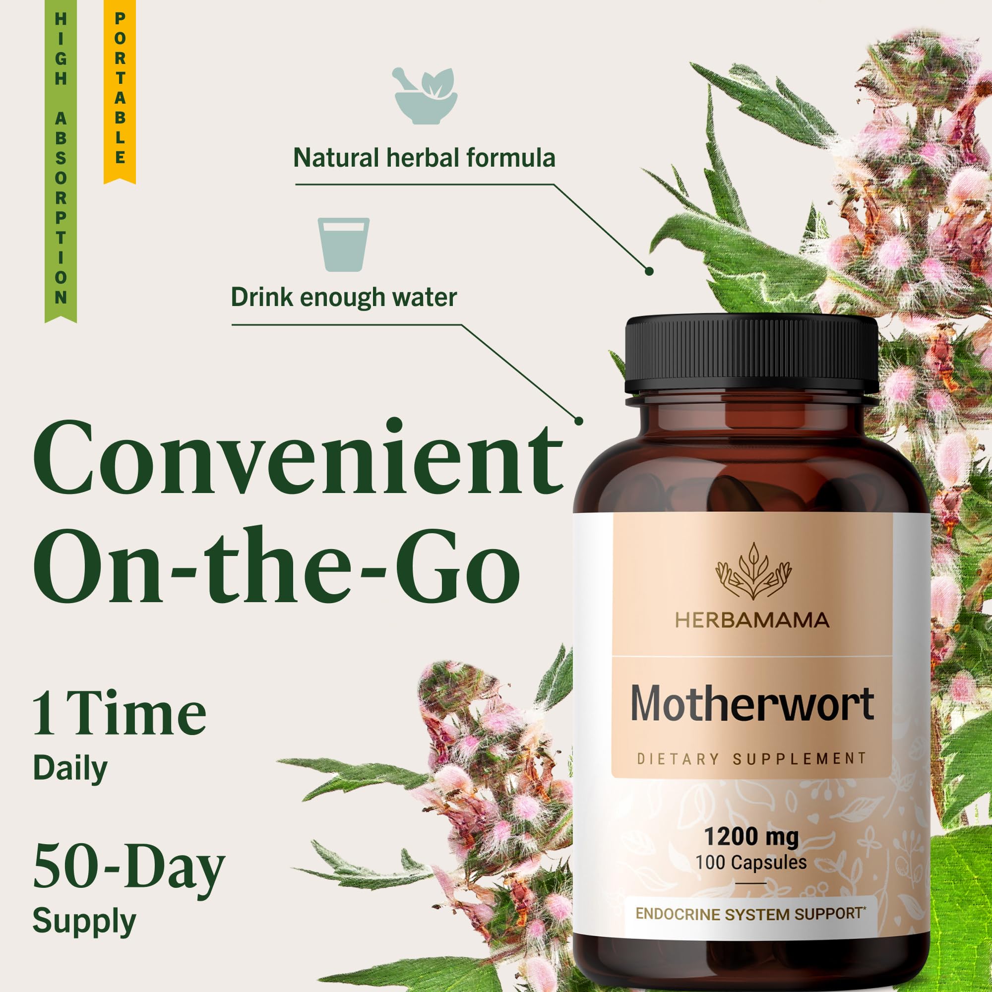 HERBAMAMA bottle label highlights mood and calm support.