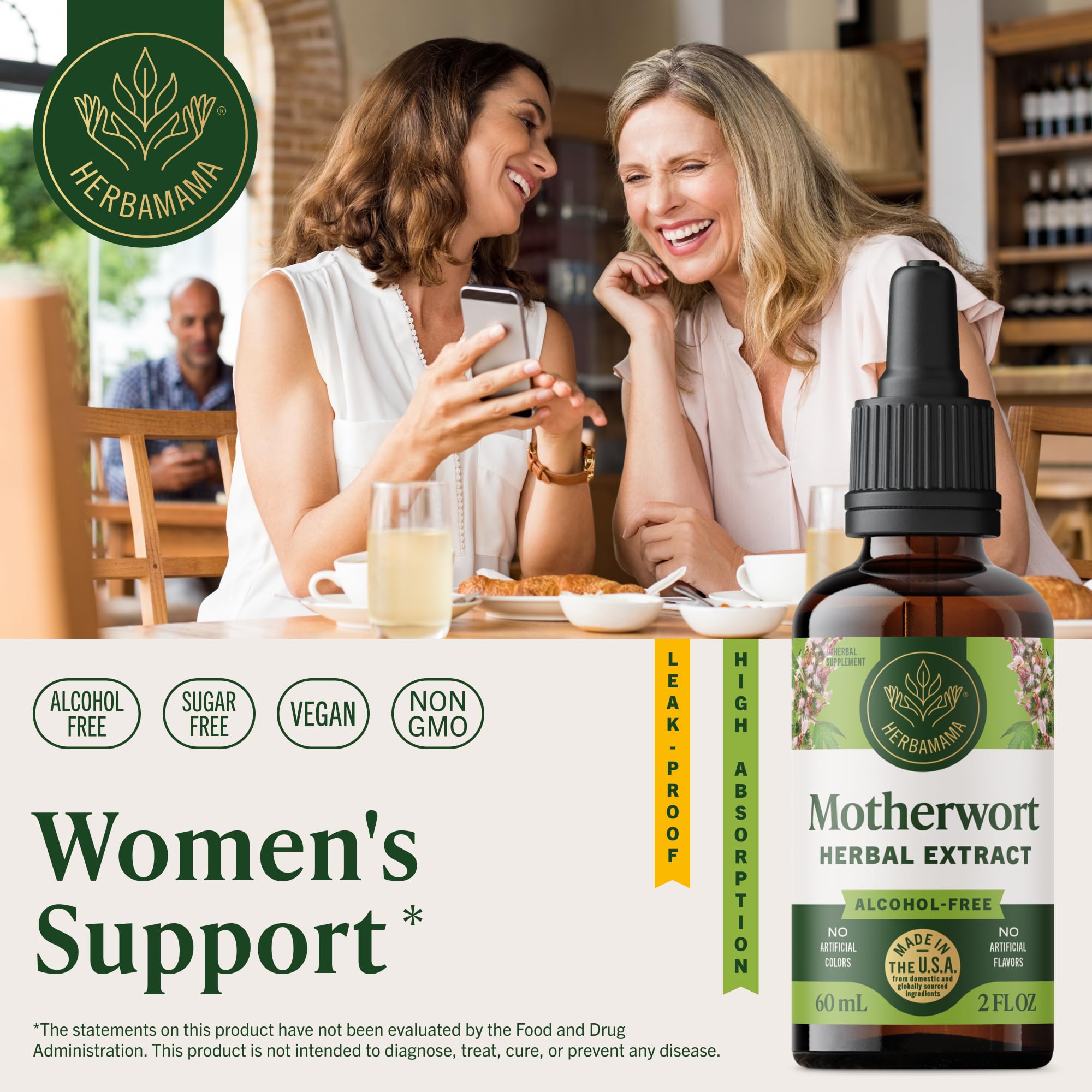 HERBAMAMA Motherwort tincture dropper highlights a simple three-ingredient formula.