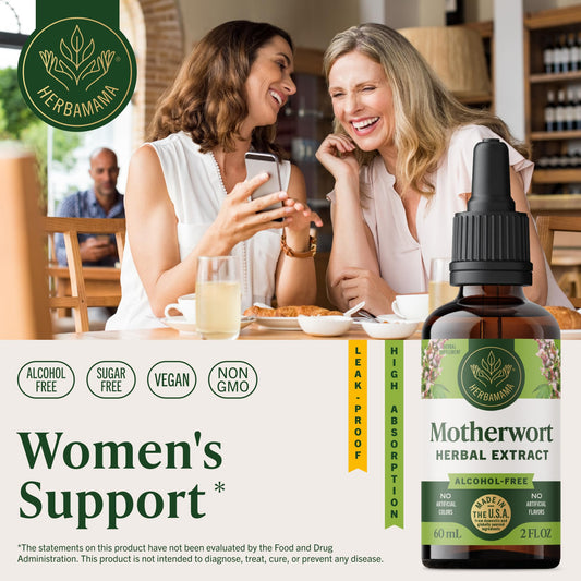 HERBAMAMA Motherwort tincture dropper highlights a simple three-ingredient formula.