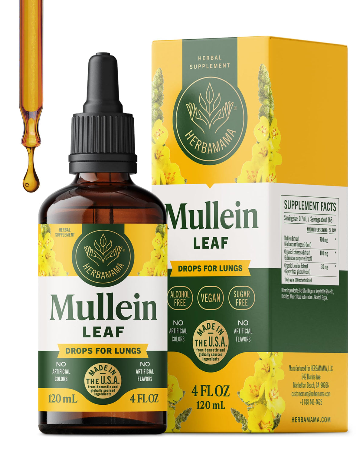 HERBAMAMA Mullein Drops bottle on table, supporting respiratory comfort.