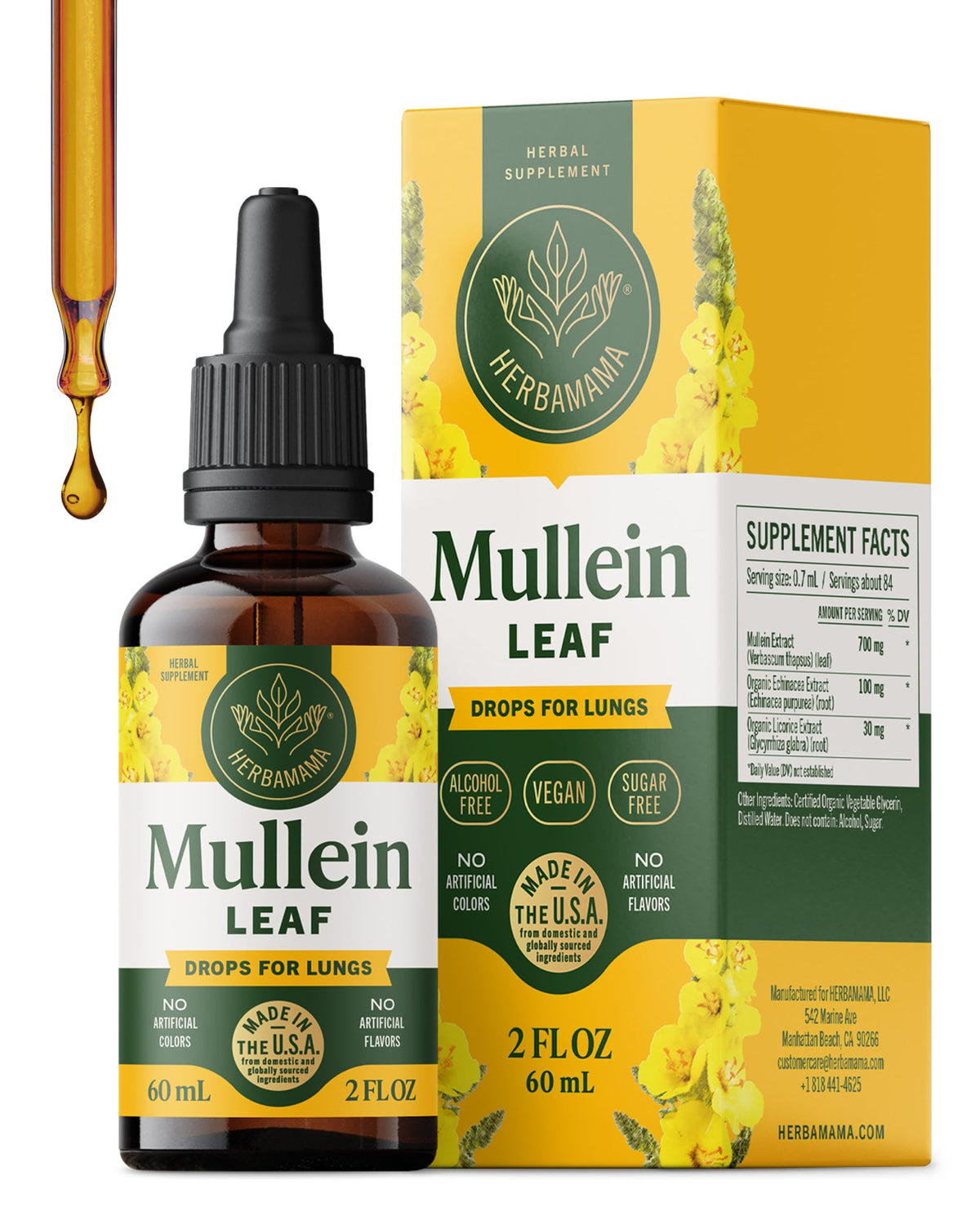 HERBAMAMA Mullein Drops bottle showing a vegan lung support blend.