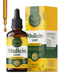 HERBAMAMA Mullein Drops bottle on table, supporting respiratory comfort.
