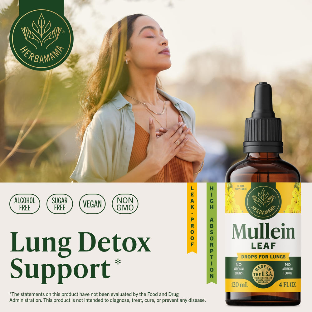 Close-up of dropper releasing HERBAMAMA Mullein Drops for daily lung support.
