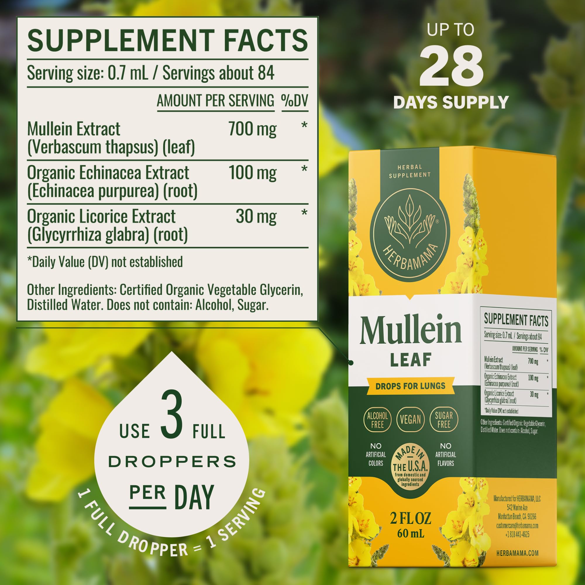 Ingredients label highlights mullein, echinacea, and licorice in the herbal blend.