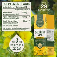 Ingredients label highlights mullein, echinacea, and licorice in the herbal blend.