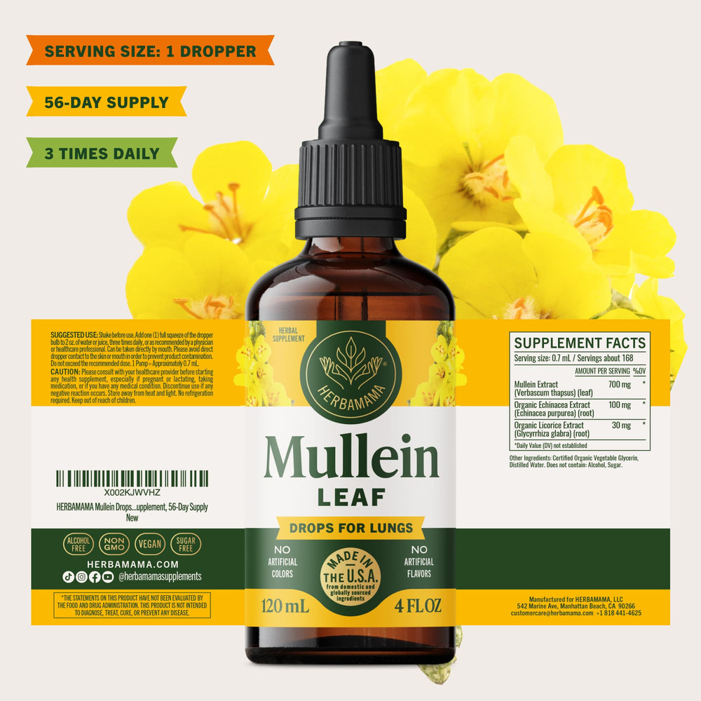Travel-friendly bottle of HERBAMAMA Mullein Drops for on-the-go use.