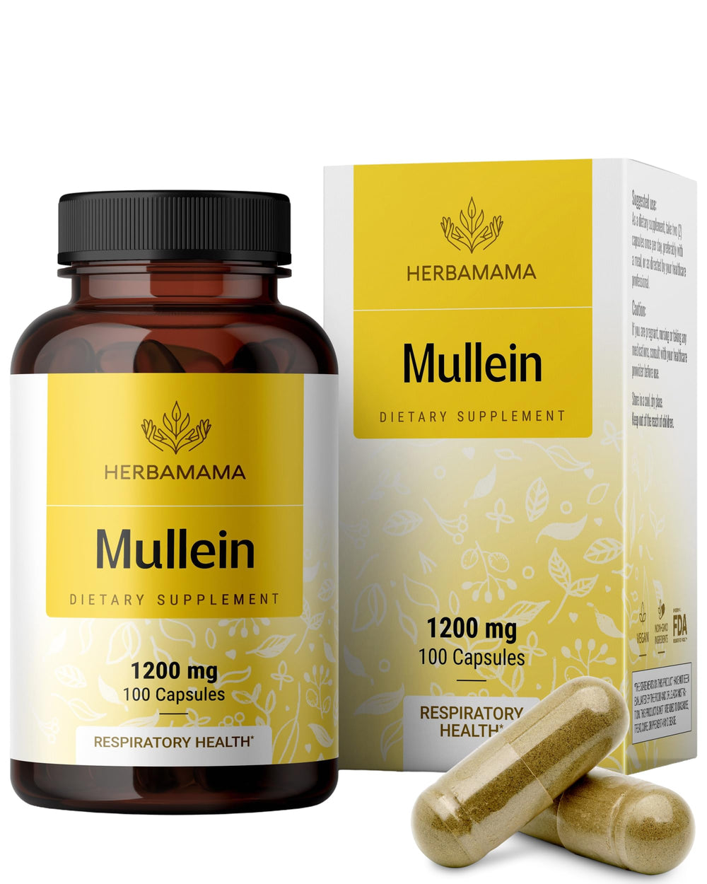 HERBAMAMA Mullein Leaf Capsules bottle on shelf for daily lung support