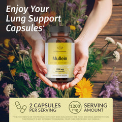 Closeup of HERBAMAMA Mullein Leaf Capsules showing simple two ingredient formula