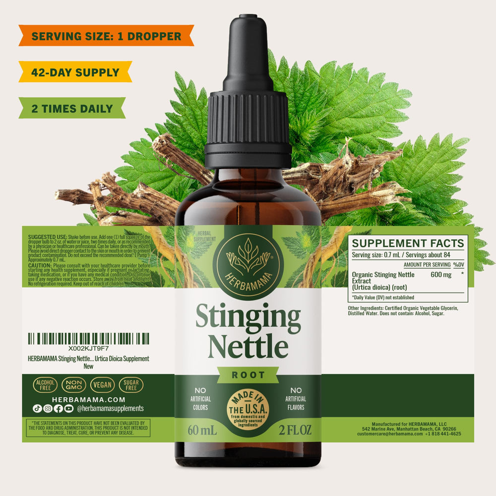HERBAMAMA nettle extract bottle emphasizes root-based formula.