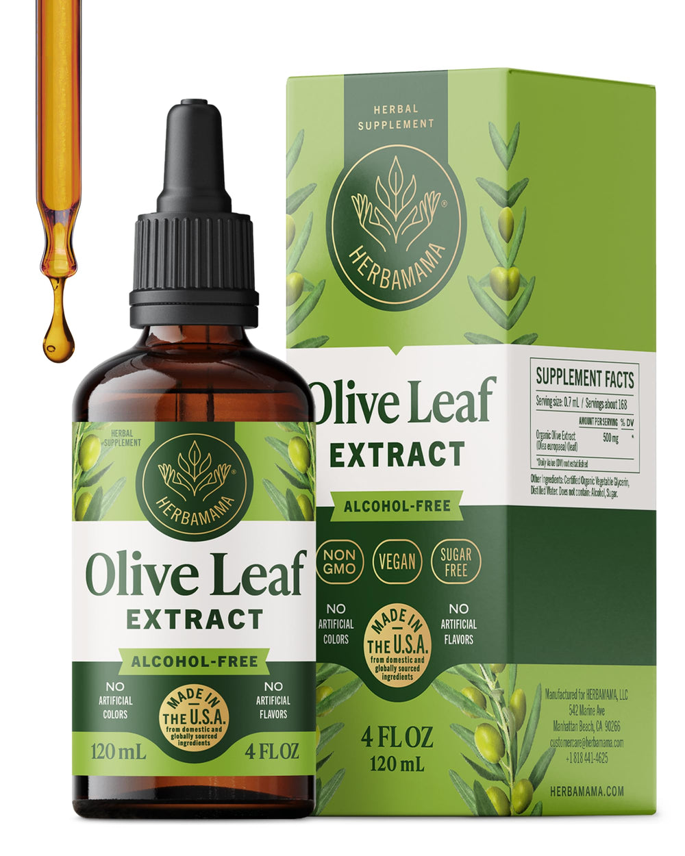 HERBAMAMA olive leaf drops bottle for easy daily immune support in a vegan, alcohol-free tincture