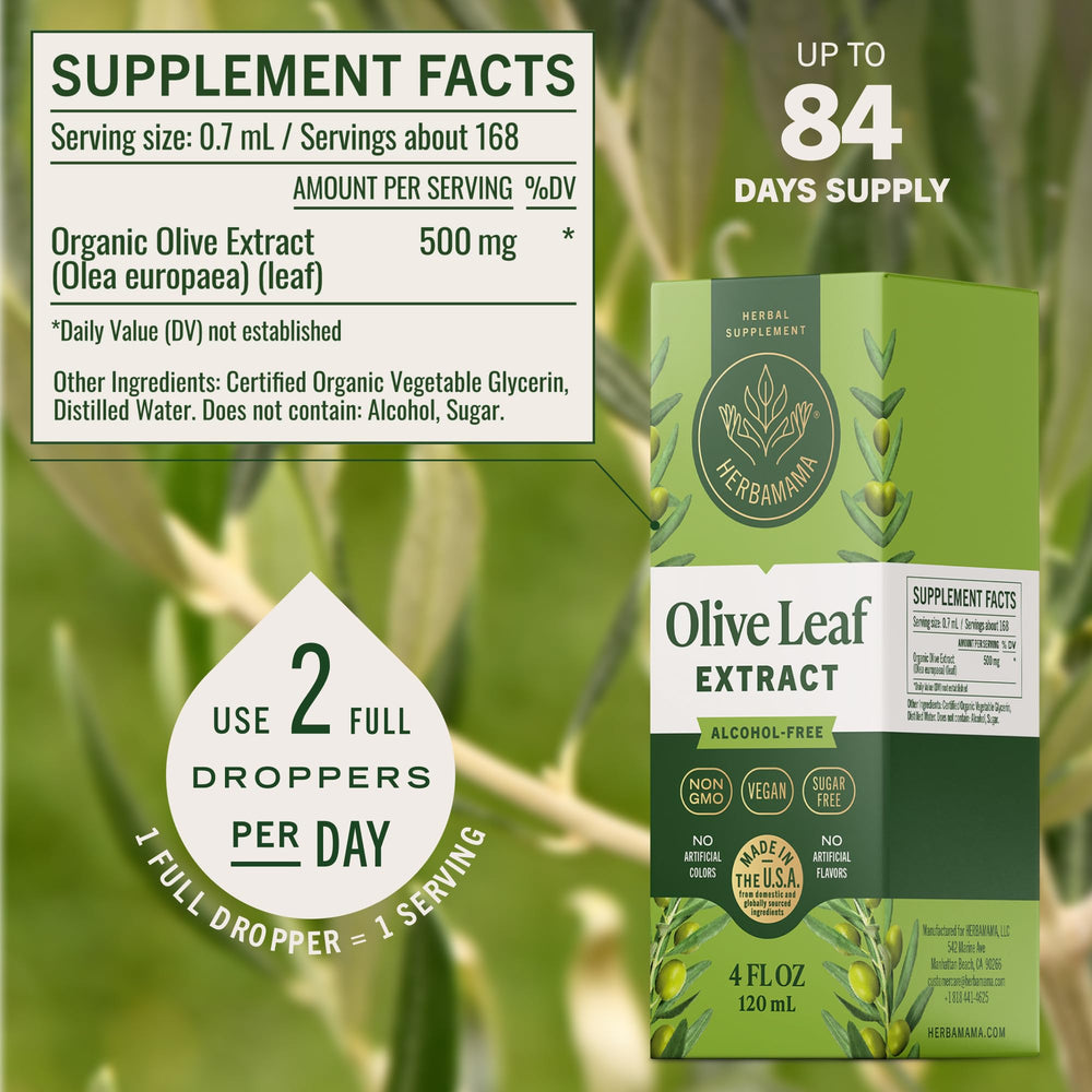 HERBAMAMA olive leaf drops under tongue, fast absorption and discreet administration