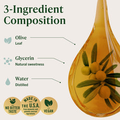Closeup of HERBAMAMA olive leaf tincture label, clear ingredients and vegan promise