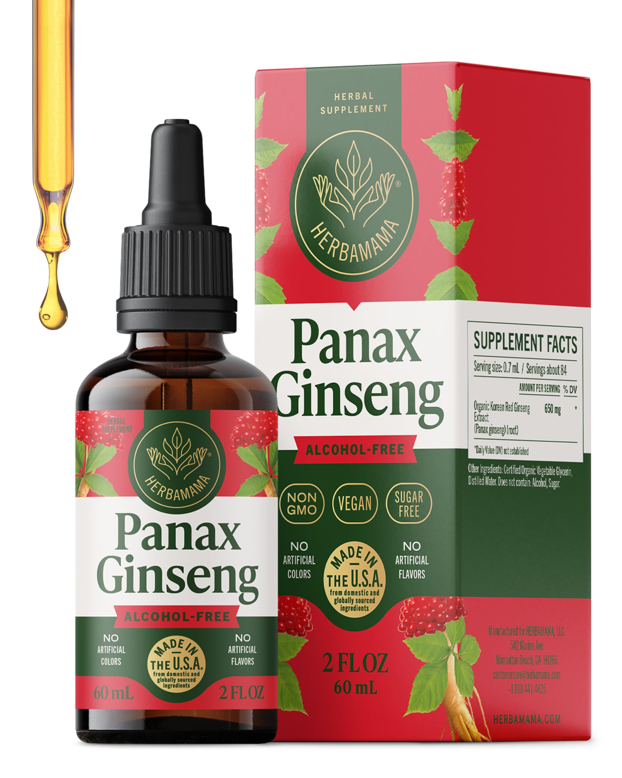 Herbamama Panax ginseng tincture bottle highlights energy-supporting root extract