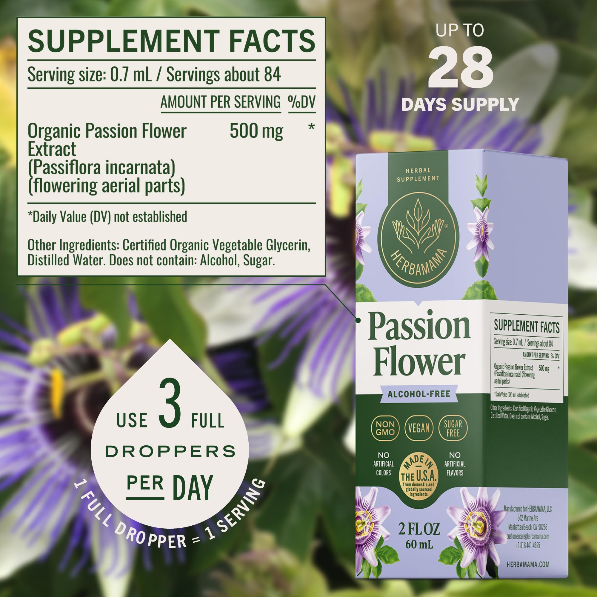 HERBAMAMA Passionflower tincture ingredients show vegan, alcohol-free formula.