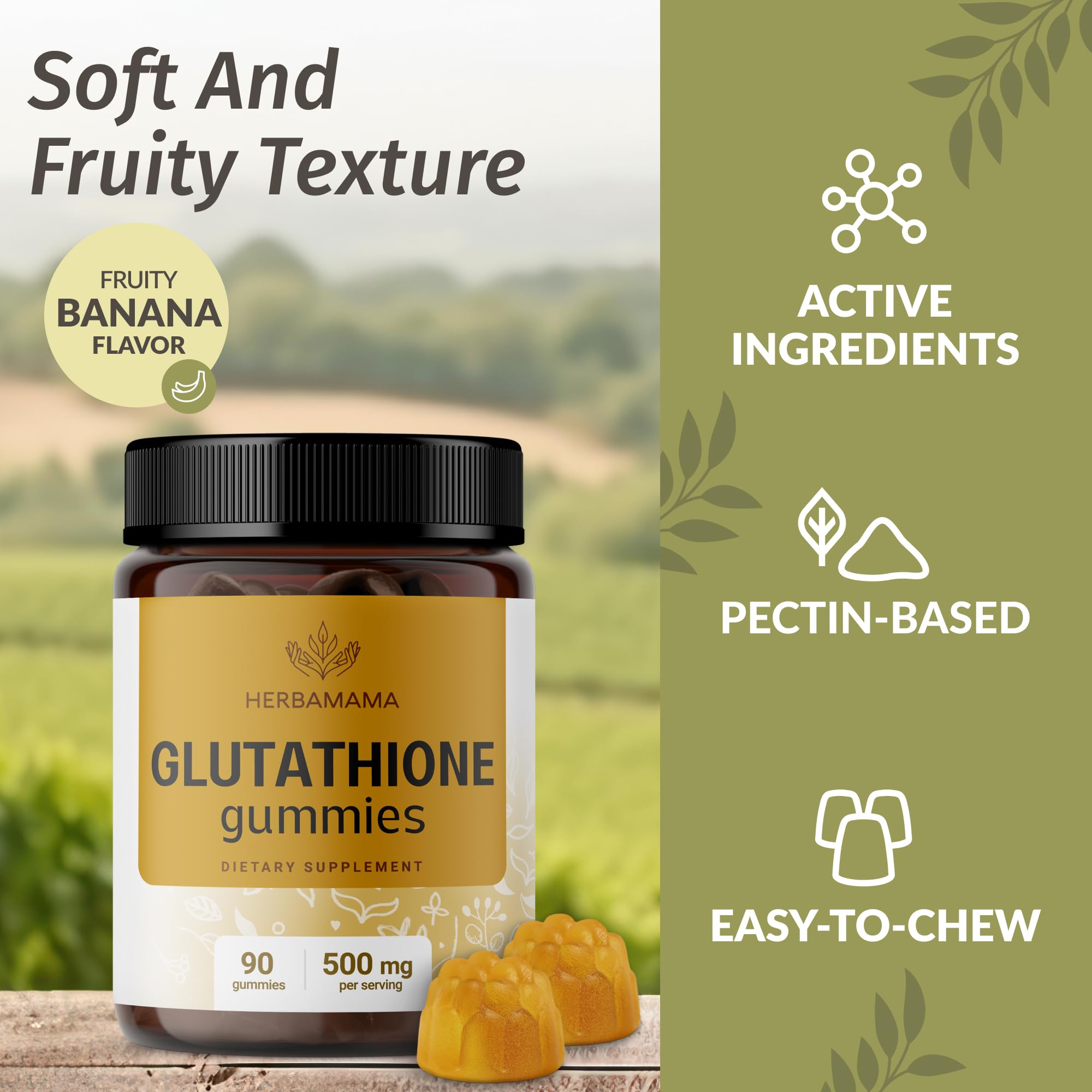 HERBAMAMA pectin-based texture gummies closeup highlights smooth chew.