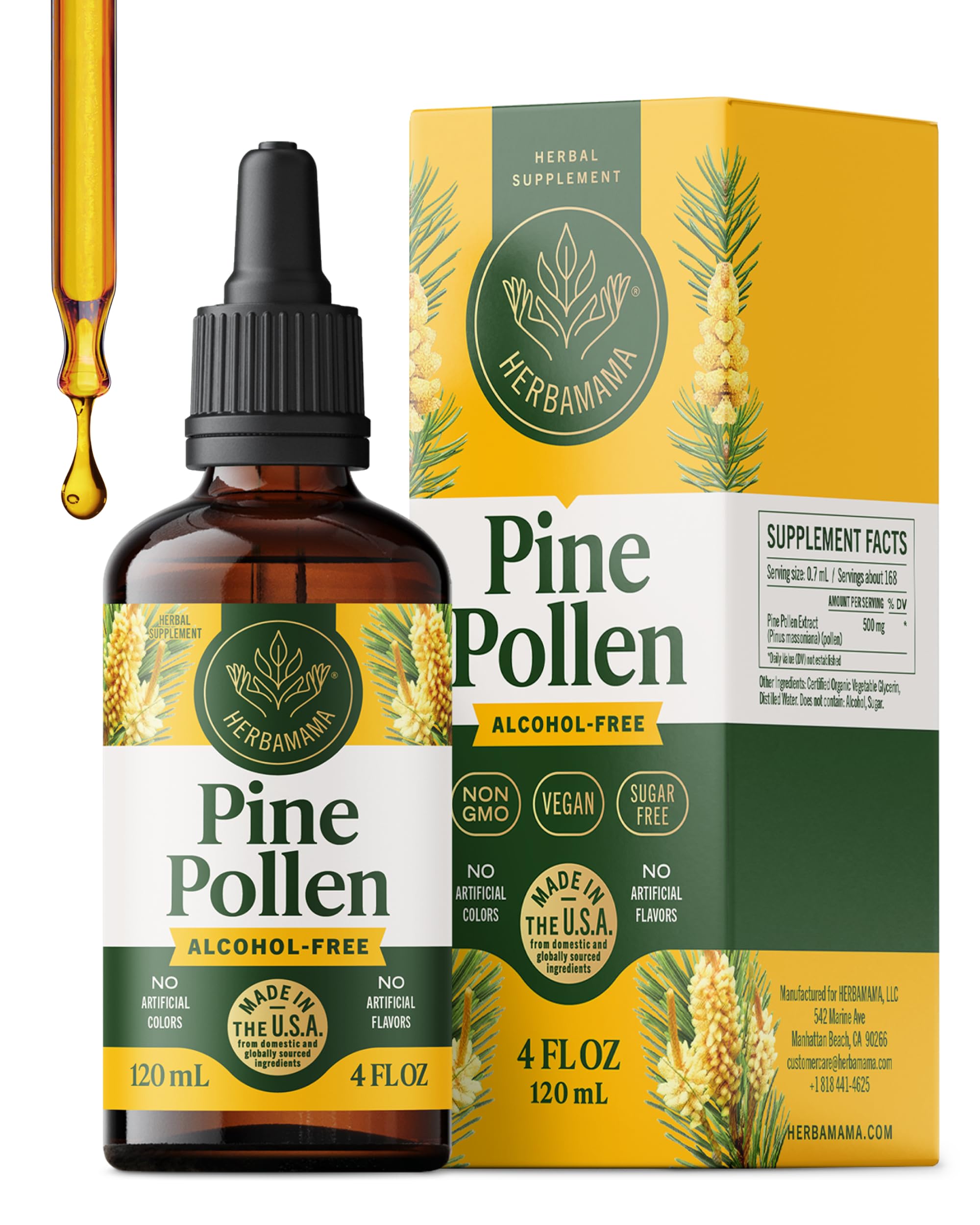 HERBAMAMA Pine Pollen tincture bottle, vegan and sugar-free for daily immune support.