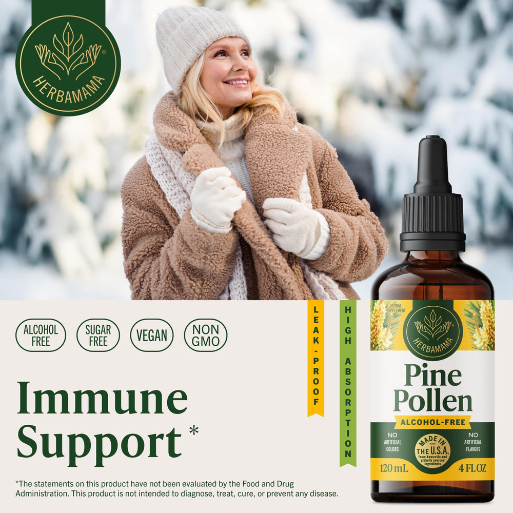 HERBAMAMA Pine Pollen tincture dropper shows precise dosing for quick use.