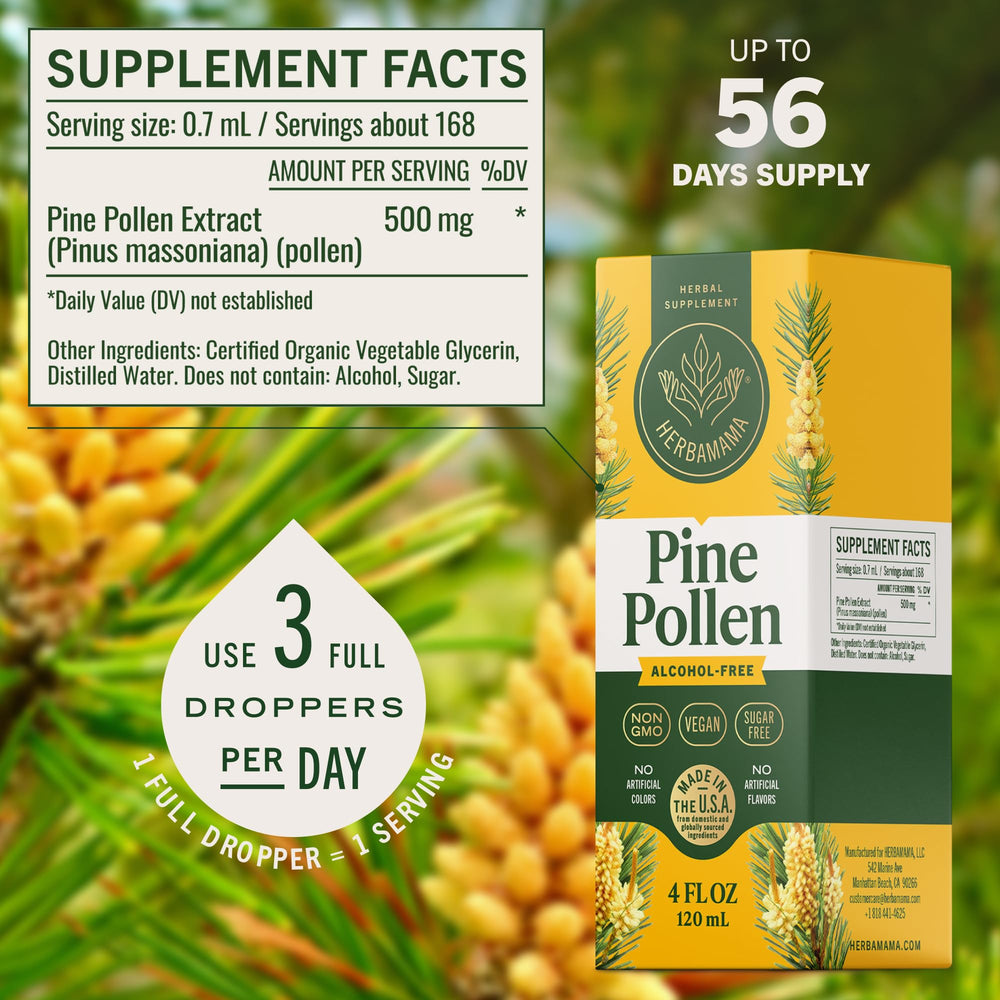 HERBAMAMA Pine Pollen tincture in a glass, easy to mix into drinks.