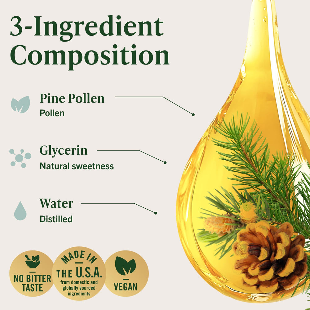 Close-up of Pine Pollen extract ingredients: pine pollen, glycerin, water.