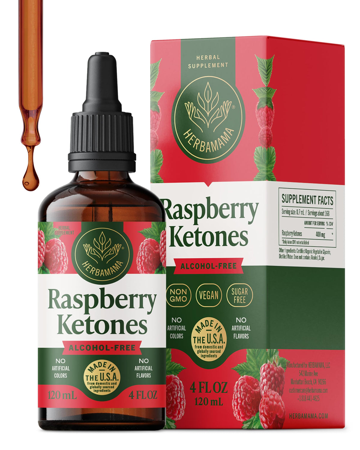 HERBAMAMA Raspberry Ketones bottle shows vegan formula for easy use