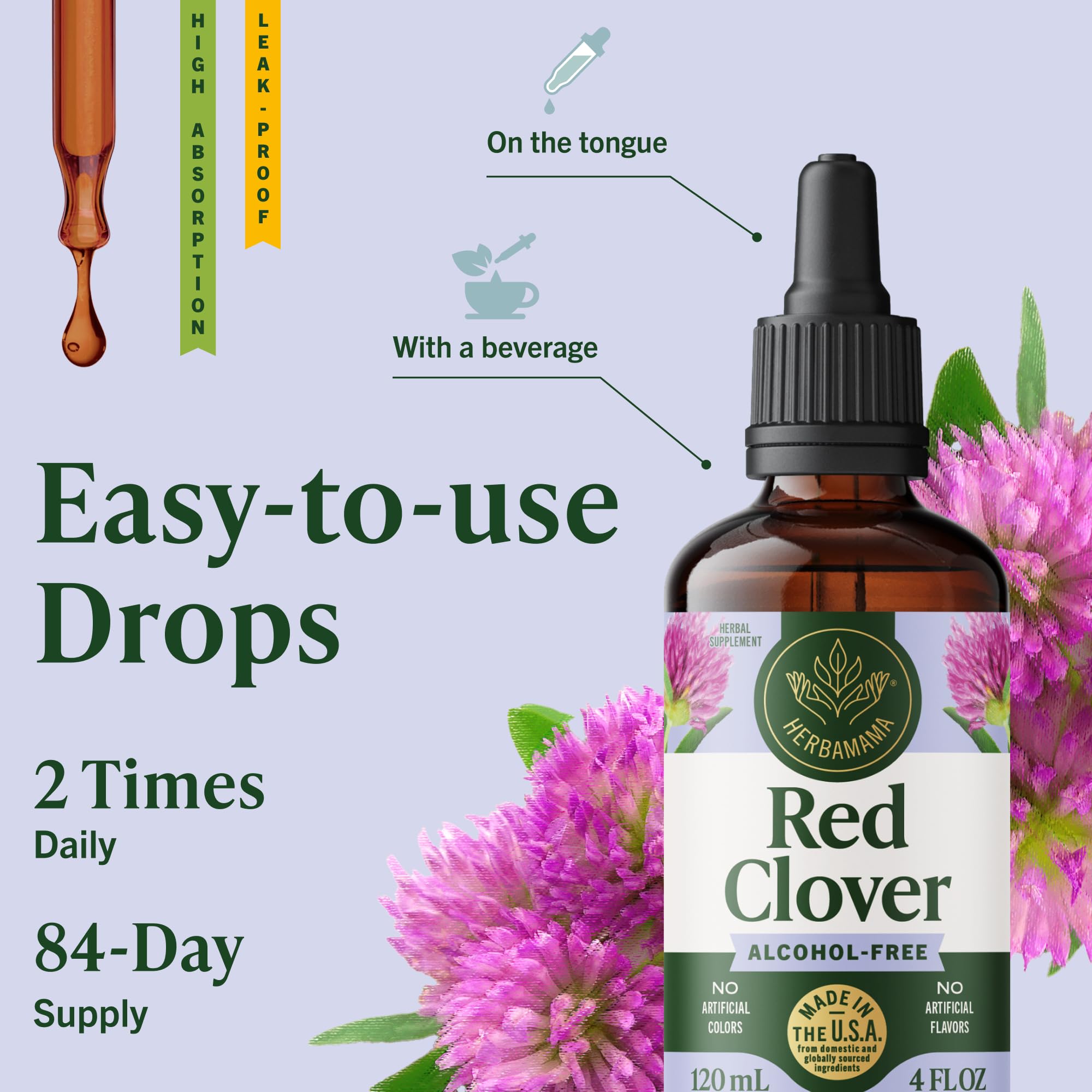 Herbamama Red Clover drops with water demonstrates versatile usage in beverages