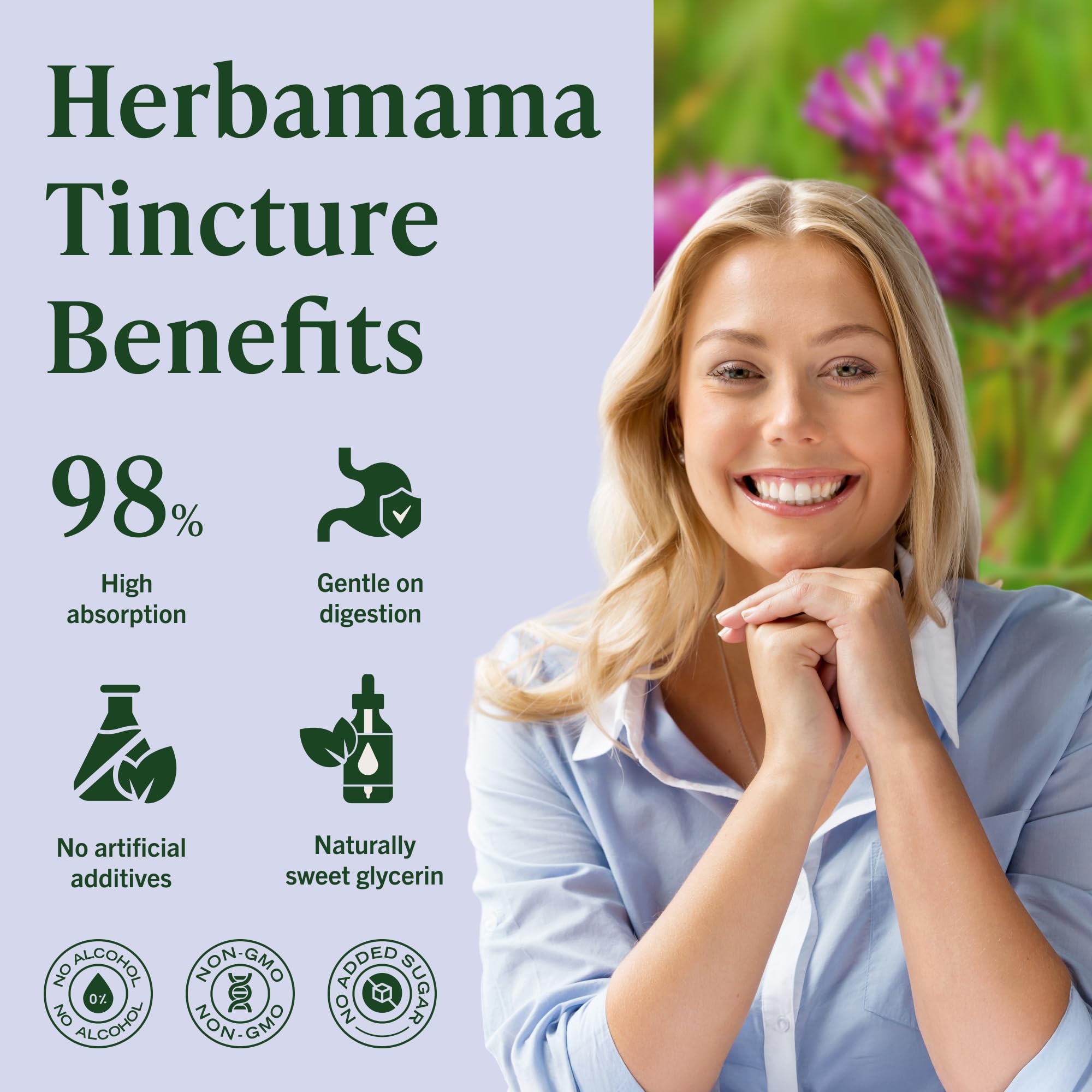 Herbamama Red Clover label closeup communicates clean, alcohol-free, sugar-free formula