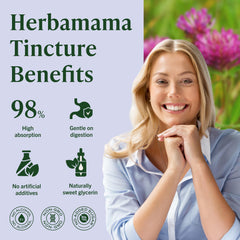 Herbamama Red Clover label closeup communicates clean, alcohol-free, sugar-free formula