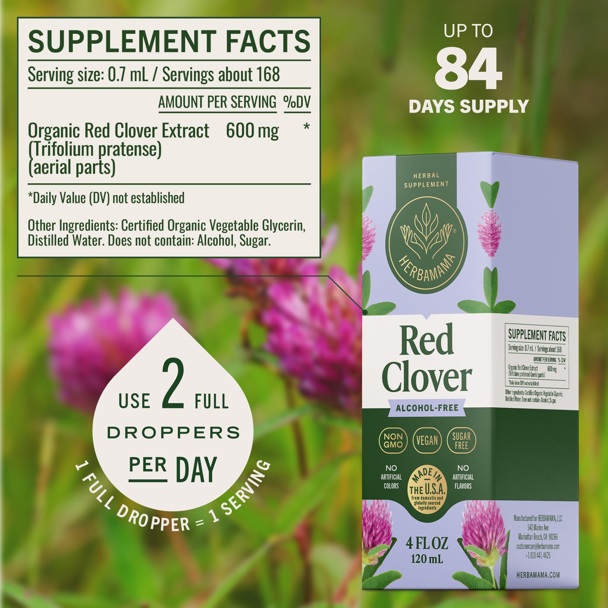 Herbamama Red Clover tincture glass highlights fast-absorbing antioxidant drops for women