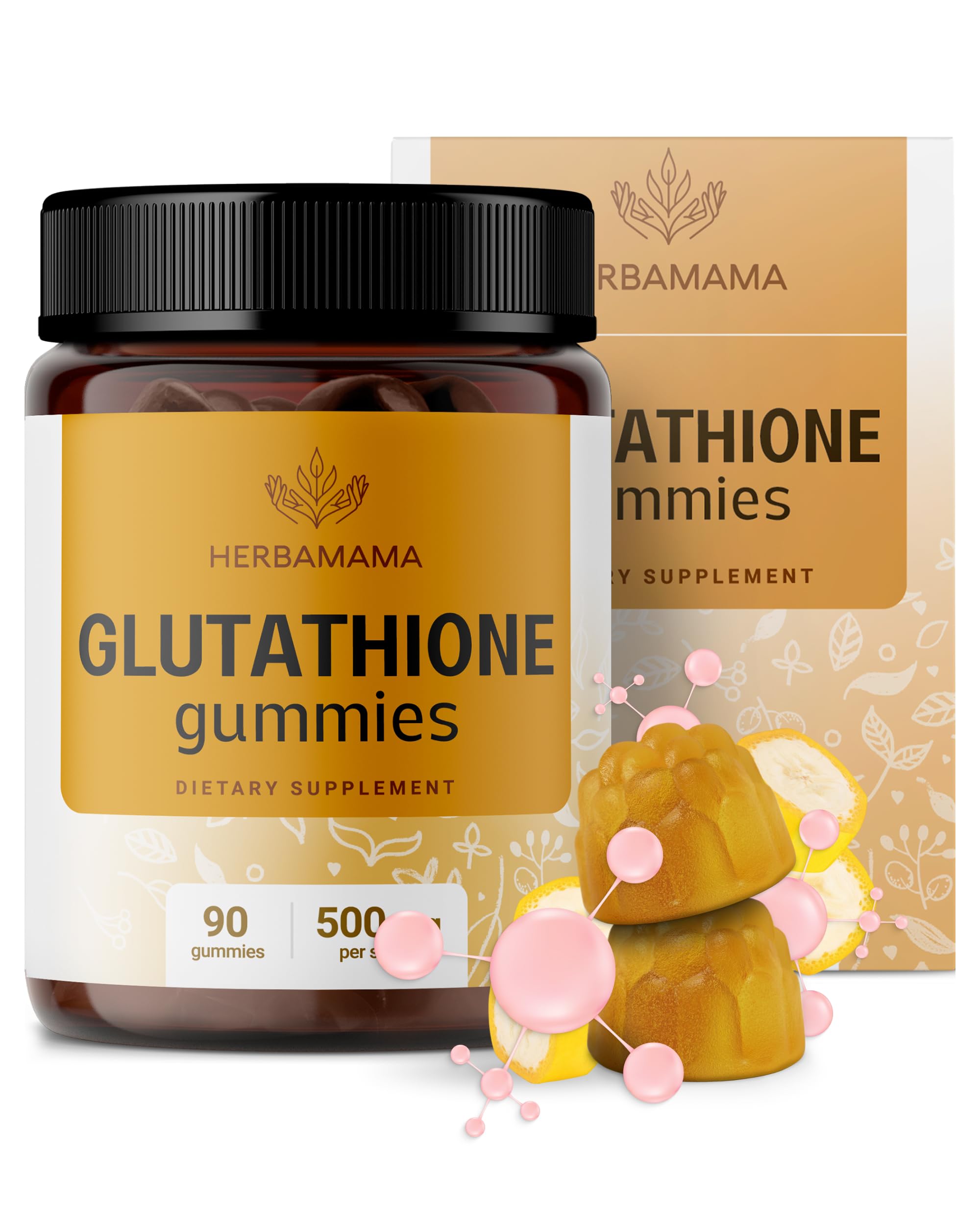 HERBAMAMA Reduced Glutathione Gummies bottle with banana-flavored chews for daily liver support.