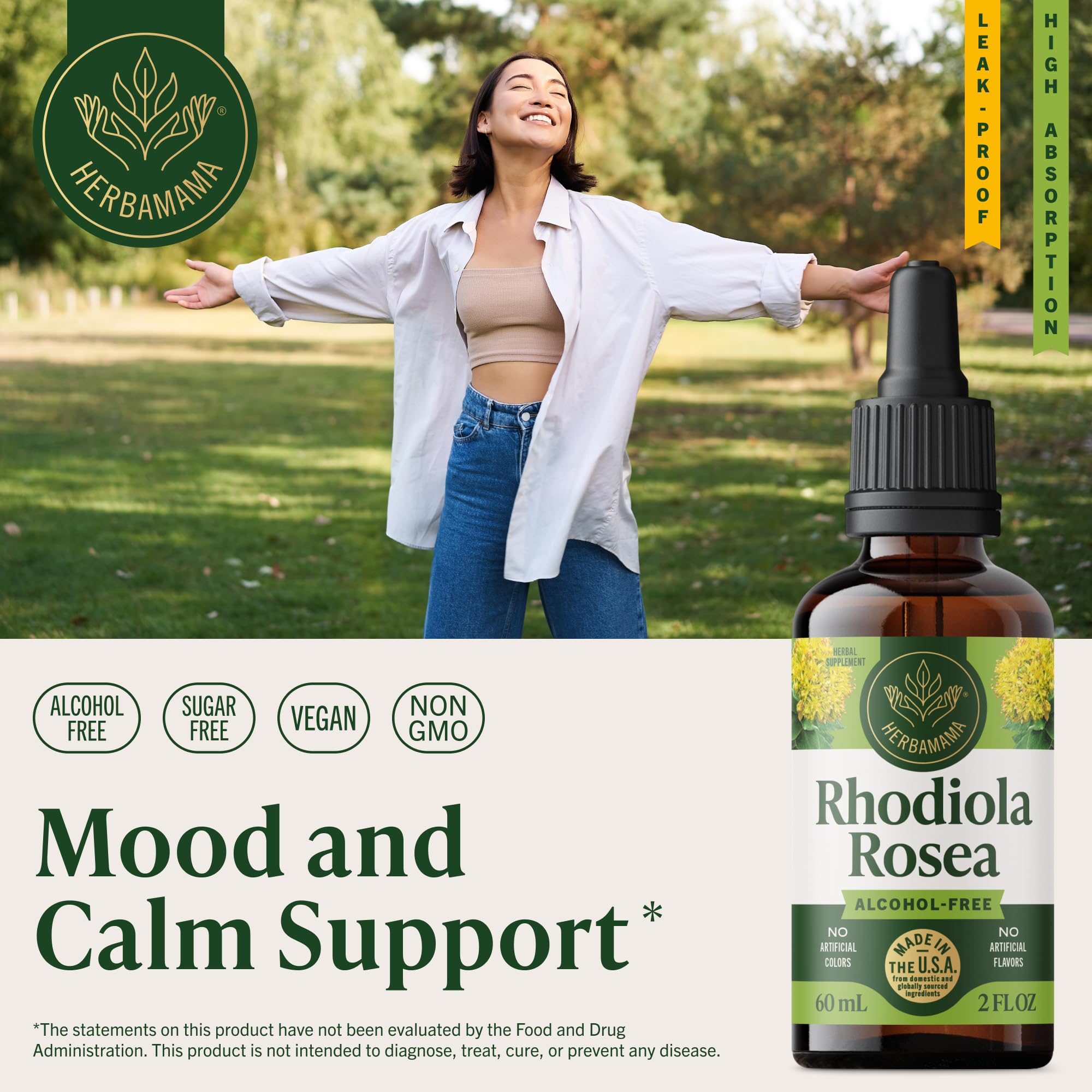 Herbamama Rhodiola tincture dropper being squeezed for quick mood calm delivery