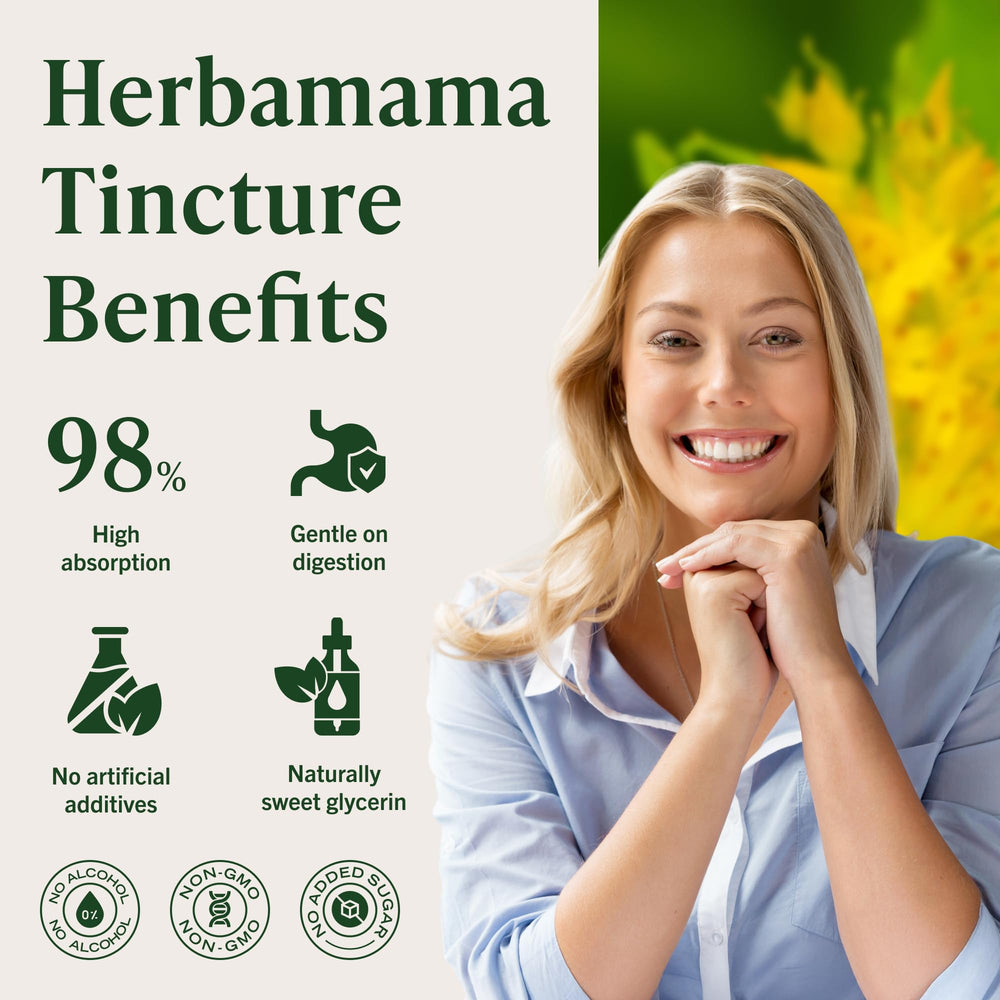 Herbamama Rhodiola Rosea tincture bottle label highlights three-ingredient formula
