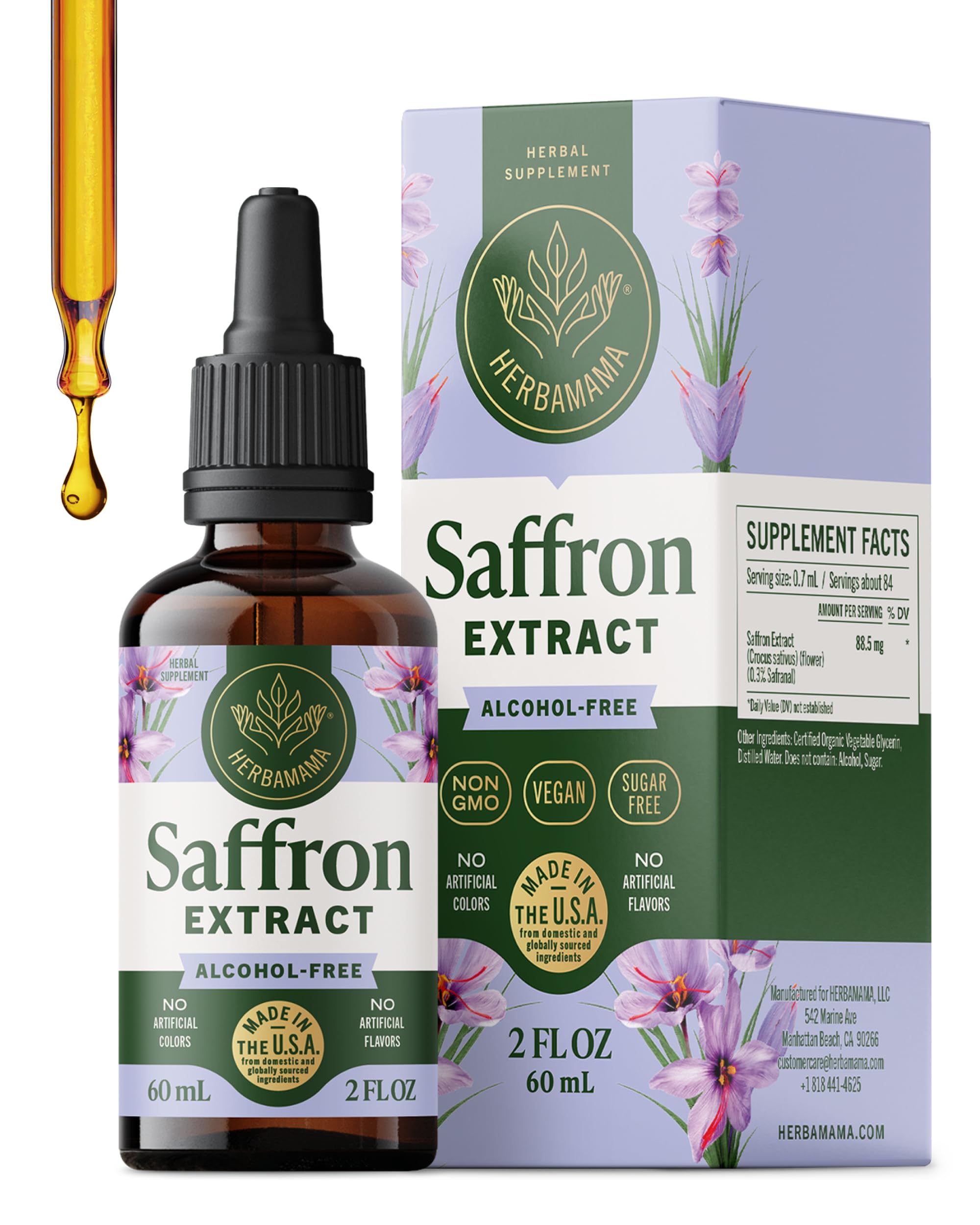 HERBAMAMA saffron tincture bottle for convenient mood support and antioxidant benefits.
