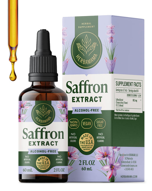HERBAMAMA saffron tincture bottle for convenient mood support and antioxidant benefits.