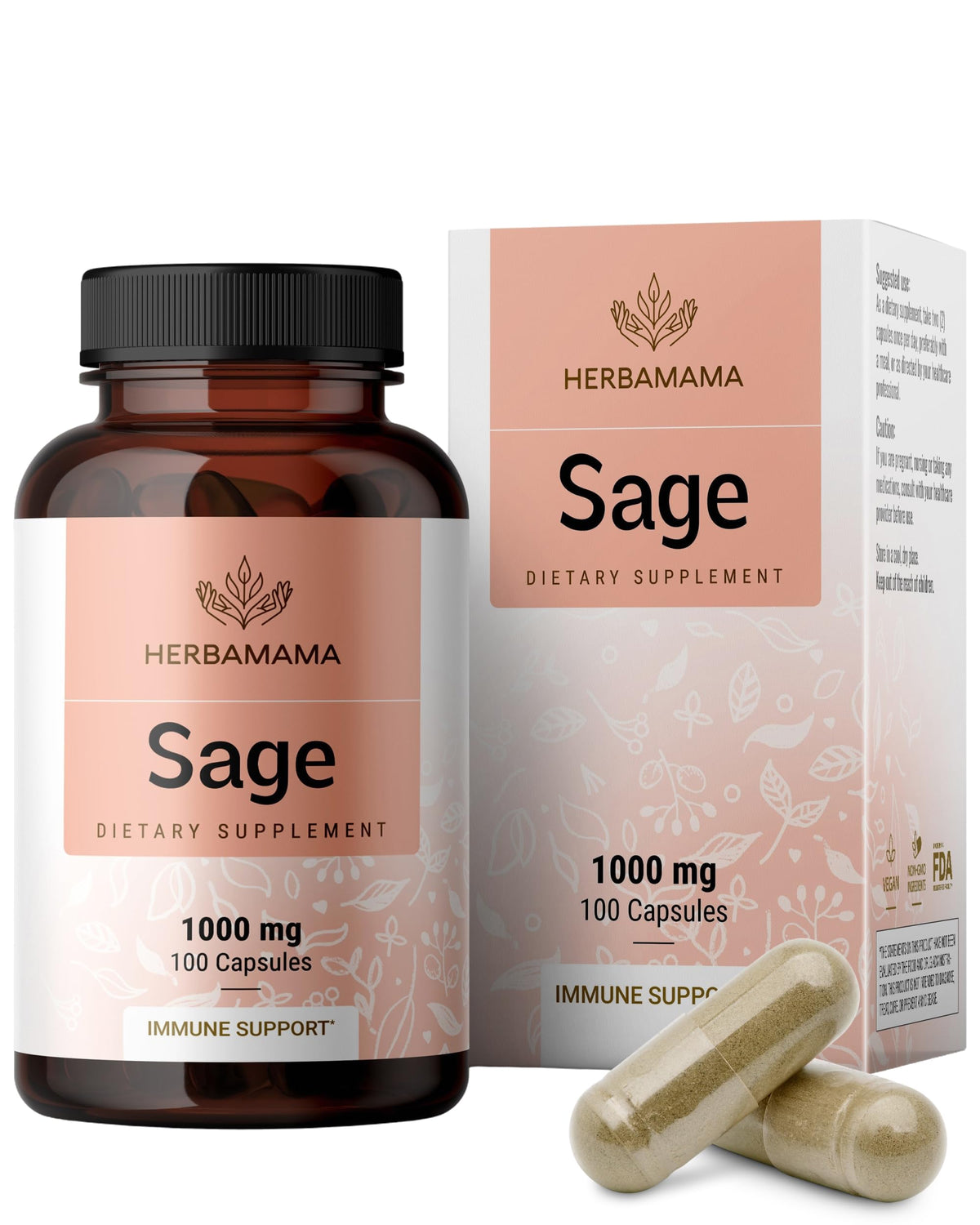 HERBAMAMA sage capsules bottle close-up highlighting vegan, antioxidant support.