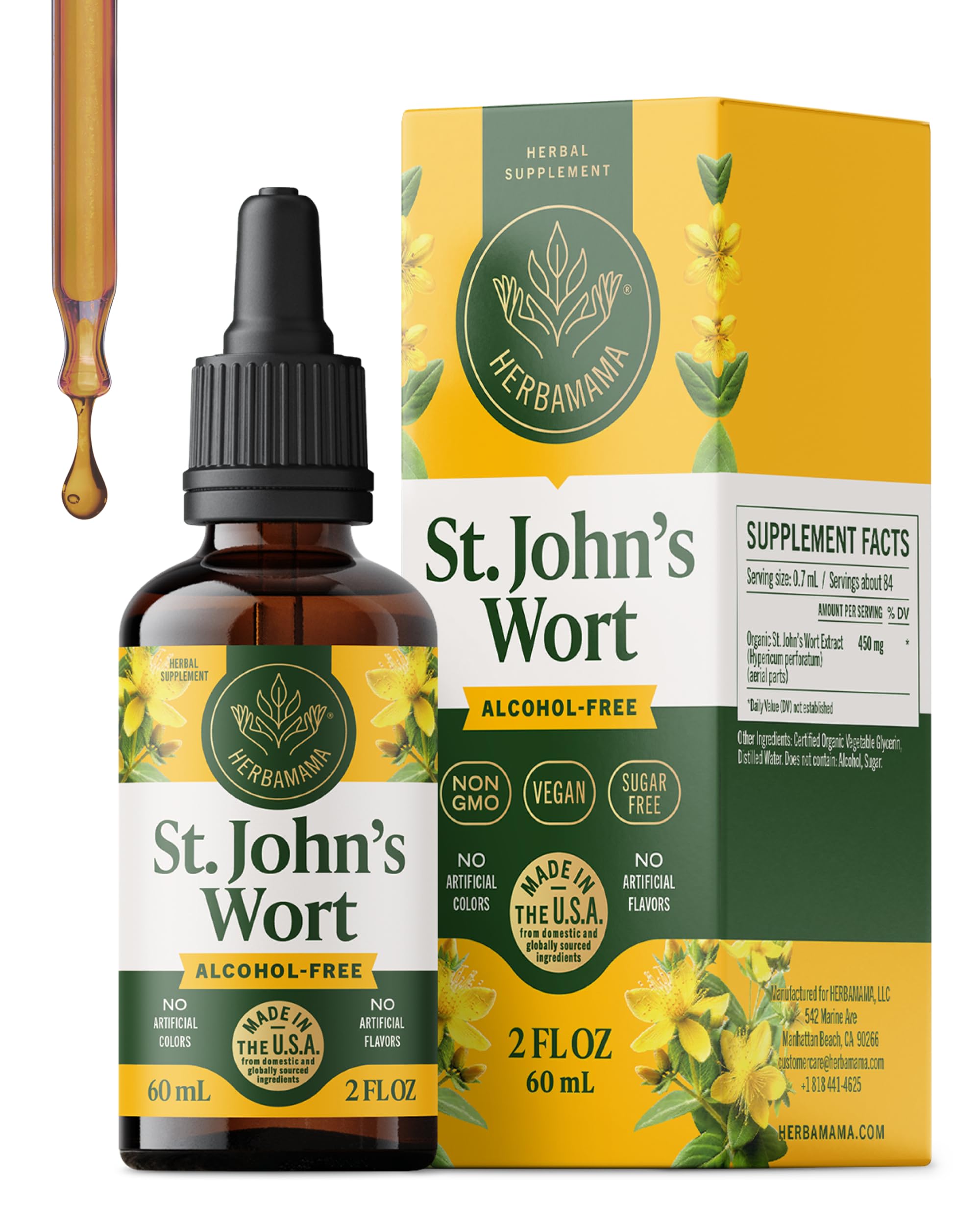 HERBAMAMA St. John's Wort tincture bottle supports vegan mood balance.